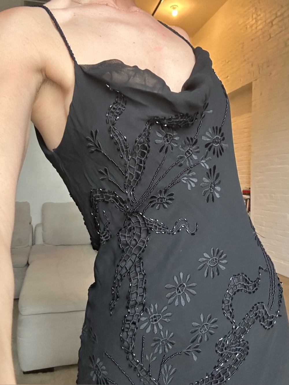 Sue Wong Nocturne asymmetrical 100% silk black dress lined beaded 10 ruffle